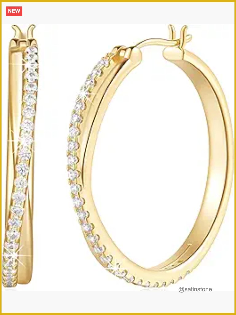 14k Gold X-Shaped Hoop Earrings 30mm Cubic Zirconia Huggie Earrings